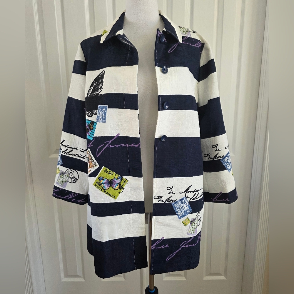 Chico's Postcard Print Stripe Jacket/Fully Lined SZ 2 US 12-14 - Picture 2 of 15